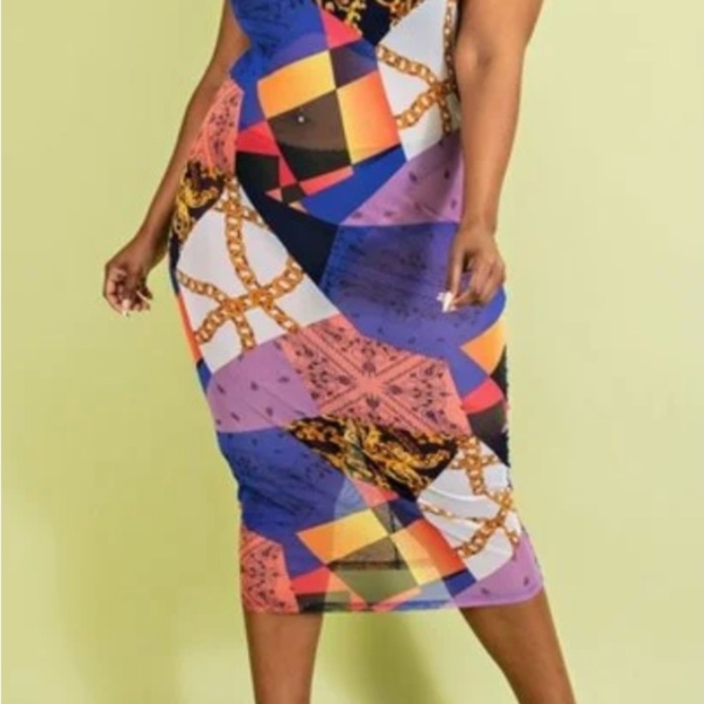 Colorful Sheer Geometric Print Dress